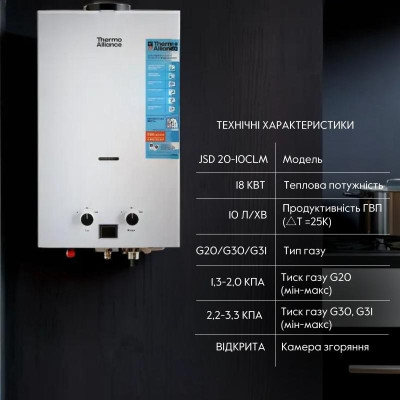 Колонка газовая дымоходная Thermo Alliance JSD20-10CLM 10 л White Колонка газовая дымоходная Thermo Alliance JSD20-10CLM 10 л White