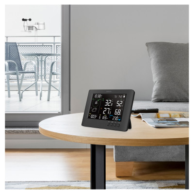 Метеостанція Sencor, внутр/зовн вимірювання, від мережі/CR2032x1+AAx3, темп-ра, вологість, час, прогноз погоди, атмосферний тиск, шв. вітру, підкл. до WIFI, чорний