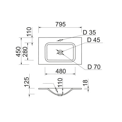 Раковина, умивальник Adamant FRATE, штучний камінь, прямокут., з отвором для змішувача, з отвором для переливу, 795x450x125мм, накладний, білий