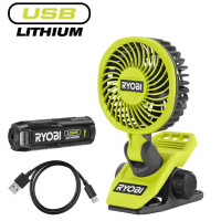 Вентилятор акумуляторний кліпса Ryobi USB Lithium RCF4-120G 4В акб 1х2А·год 3800об·хв обертання 325° поворот 180° 2 швидкості 0.29кг
