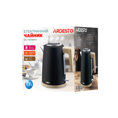 Чайник электрический Ardesto EKL-F420BWD, 1.7 л, металл, мат, Strix, черный