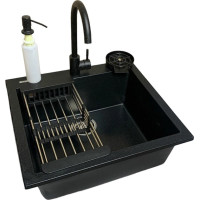 Набір кухонний Adamant Univer, штучний камінь, квадрат, без крила, 560х500х200мм, чаша - 1, врізна, чорний + змішувач + дозатор + ополіскувач склянок + коландер Набір кухонний Adamant Univer, штучний камінь, квадрат, без крила, 560х500х200мм, чаша - 1, врізна, чорний + змішувач + дозатор + ополіскувач склянок + коландер