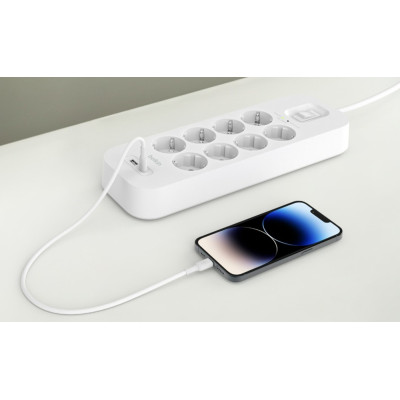 Подовжувач мережевий Belkin 2м, 8хТип, 16А, USB-A/USB-C 18Вт, фільтр, білий