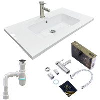Набір для ванної кімнати, раковина, умивальник Adamant FLATE 80, штучний камінь, прямокут., з сифоном Click-Clack + змішувач Набір для ванної кімнати, раковина, умивальник Adamant FLATE 80, штучний камінь, прямокут., з сифоном Click-Clack + змішувач