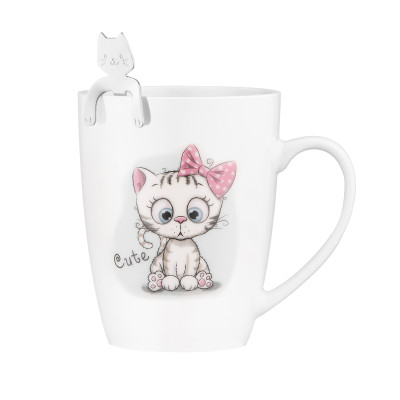 Чашка з ложкою ARDESTO Cute, 320мл, порцеляна, нержавіюча сталь, білий