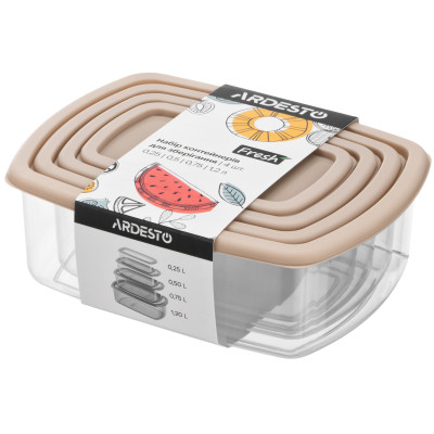 Набір контейнерів для зберігання харчових продуктів ARDESTO Fresh 0.25/0.5/0.75/1.2л, пластик, прямокутна, бежевий Набір контейнерів для зберігання харчових продуктів ARDESTO Fresh 0.25/0.5/0.75/1.2л, пластик, прямокутна, бежевий
