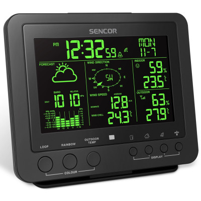 Метеостанція Sencor, внутр/зовн вимірювання, від мережі/CR2032x1+AAx3, темп-ра, вологість, час, прогноз погоди, атмосферний тиск, шв. вітру, чорний