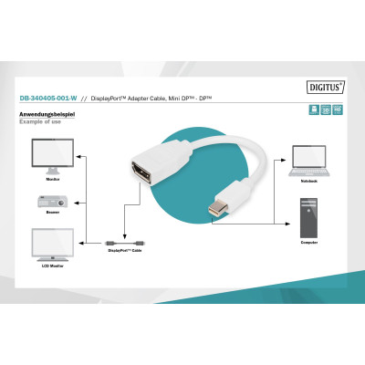 Digitus Адаптер mini DP - DP, M/F, 0.15m, white Digitus Адаптер mini DP - DP, M/F, 0.15m, white