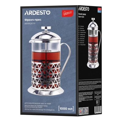 ARDESTO Френч-прес Gemini Fasano, 1000 мл, нержавіюча сталь, скло ARDESTO Френч-прес Gemini Fasano, 1000 мл, нержавіюча сталь, скло