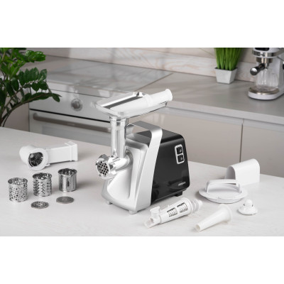 М'ясорубка Ardesto, 2100Вт, 2кг/хв, 3 решітки, насадка для ковбас, кеббе, томатів, 3 терки, бургер-прес, пластик, чорно-срібний М'ясорубка Ardesto, 2100Вт, 2кг/хв, 3 решітки, насадка для ковбас, кеббе, томатів, 3 терки, бургер-прес, пластик, чорно-срібний