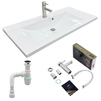 Набір для ванної кімнати, раковина, умивальник Adamant QUANTO 100, штучний камінь, прямокут., з сифоном Click-Clack + змішувач Набір для ванної кімнати, раковина, умивальник Adamant QUANTO 100, штучний камінь, прямокут., з сифоном Click-Clack + змішувач