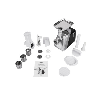 М'ясорубка ARDESTO, 2100Вт, 2кг/хв, 3 решітки, насадка для ковбас, кеббе, томатів, 3 терки, бургер-прес, пластик, чорно-срібний