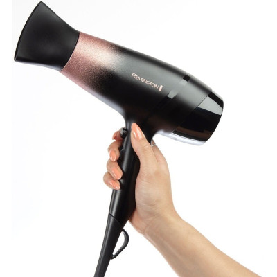 Фен Remington Rose Shimmer, 2200Вт, 3 режими, дифузор, іоніз-я, хол. обдув, чорно-рожевий Фен Remington Rose Shimmer, 2200Вт, 3 режими, дифузор, іоніз-я, хол. обдув, чорно-рожевий