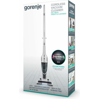 Пилосос Gorenje бездротовий, 120Вт, конт пил -0.6л, автон. робота до 38хв, HEPA, 2 в 1, підсвічування, індикатор, щітка- електротурбо, білий Пилосос Gorenje бездротовий, 120Вт, конт пил -0.6л, автон. робота до 38хв, HEPA, 2 в 1, підсвічування, індикатор, щітка- електротурбо, білий