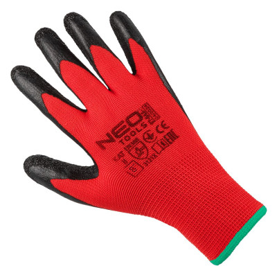 Рукавички робочі Neo Tools поліестер з латексним покриттям, р.8, червоно-чорний 12шт Рукавички робочі Neo Tools поліестер з латексним покриттям, р.8, червоно-чорний 12шт