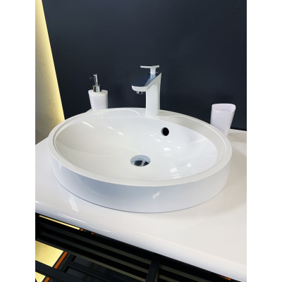 Раковина, умивальник Adamant Lauf New, штучний камінь, овальна, без отвору для змішувача, з отвором для переливу, 540х445х130мм, накладний, білий