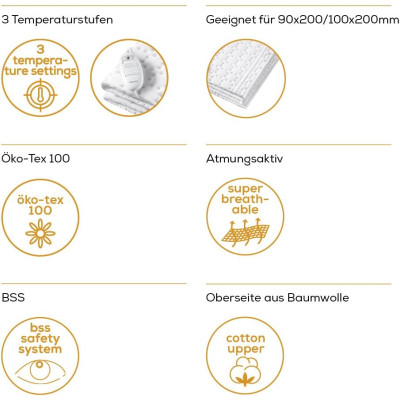 Електропростирадло Beurer, від мережі, 130х75см, 50Вт, 3 режими, бавовна, фліс, білий