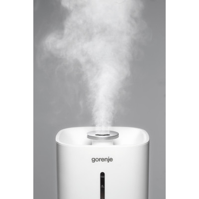Зволожувач повітря Gorenje ультразвуковий, 20м2, 5л, 500мл/г, електр. кер-ння, верх. залив воды, авт. вимкн, білий