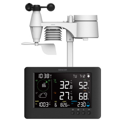 Метеостанція Sencor, внутр/зовн вимірювання, від мережі/CR2032x1+AAx3, темп-ра, вологість, час, прогноз погоди, атмосферний тиск, шв. вітру, підкл. до WIFI, чорний