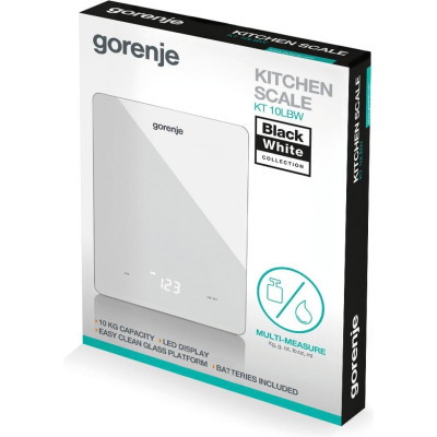 Gorenje Ваги кухонні, 10кг, AAAx3 в комплекті, дисплей, скло, білий