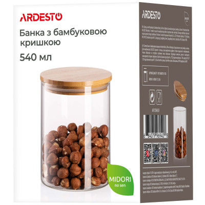 Банка для зберігання ARDESTO Midori, 540мл, скло, бамбук, кругла, прозорий Банка для зберігання ARDESTO Midori, 540мл, скло, бамбук, кругла, прозорий