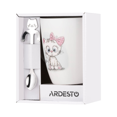 Чашка з ложкою ARDESTO Cute, 320мл, порцеляна, нержавіюча сталь, білий