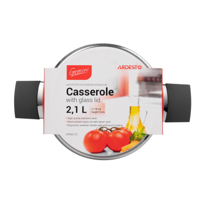 Каструля зі скляною кришкою Ardesto Gemini Trento, 2.1л, нержавіюча сталь, бакеліт AR3621G