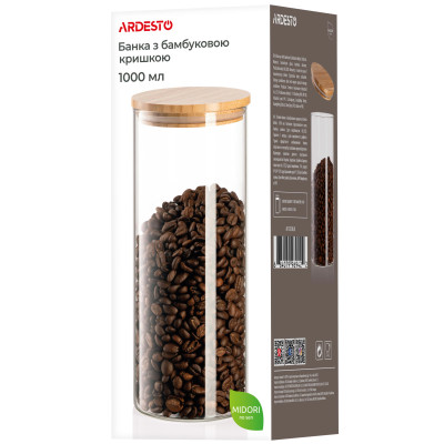 ARDESTO Банка для зберігання Fresh, кругла, 1000 мл, скло, бамбук