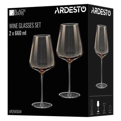 Набір келихів для вина ARDESTO Black Mars Altair 660мл, 2шт, скло, золотистий Набір келихів для вина ARDESTO Black Mars Altair 660мл, 2шт, скло, золотистий