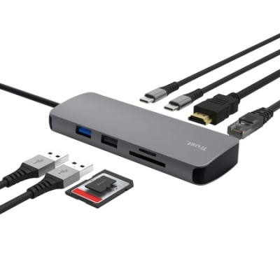 Адаптер Trust Dalyx  8in1 USB-C> 1xUSB-А 3.2/USB-A 2.0/2xUSB-С/HDMI/Ehernet/SD/microSD, Алюміній, 0.15м, Сірий Адаптер Trust Dalyx  8in1 USB-C> 1xUSB-А 3.2/USB-A 2.0/2xUSB-С/HDMI/Ehernet/SD/microSD, Алюміній, 0.15м, Сірий