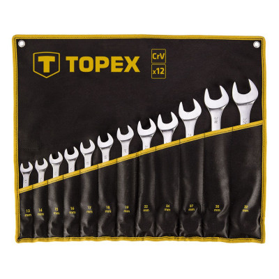 Topex Ключі гайкові, набір 12шт, комбіновані, CrV, 13-32мм, чохол-скручування Topex Ключі гайкові, набір 12шт, комбіновані, CrV, 13-32мм, чохол-скручування