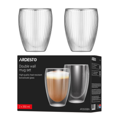 ARDESTO Набір чашок з подвійними стінками 350мл, 2шт, боросилікатне скло, прозорий ARDESTO Набір чашок з подвійними стінками 350мл, 2шт, боросилікатне скло, прозорий