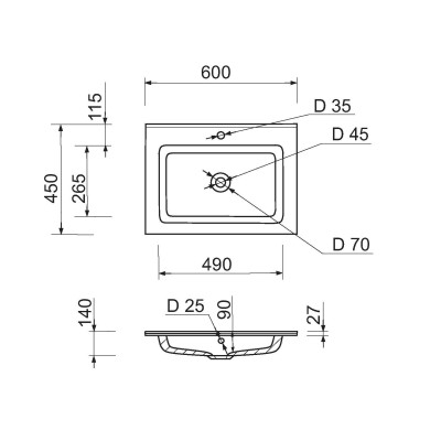 Раковина, умивальник Adamant FLATE, штучний камінь, прямокут., з отвором для змішувача, з отвором для переливу, 600х450х140мм, накладний, білий