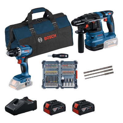 Набір акумуляторних інструментів Bosch Professional 18В дриль-шурупокрут GSR 18V-45, перфоратор GBH 18V-22, набір біт і бурів, акб 2x4А·год, ЗП, сумка Набір акумуляторних інструментів Bosch Professional 18В дриль-шурупокрут GSR 18V-45, перфоратор GBH 18V-22, набір біт і бурів, акб 2x4А·год, ЗП, сумка