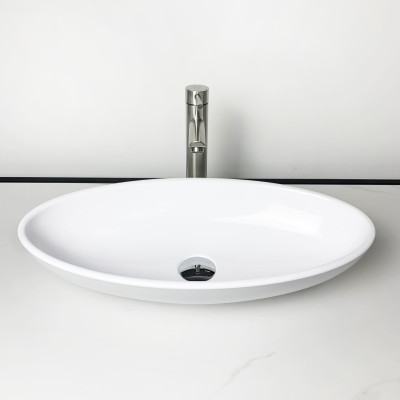 Раковина, умивальник Adamant ANDERE NEW, штучний камінь, овальна, без отвору для змішувача та переливу, 590х295х130мм, накладний, білий Раковина, умивальник Adamant ANDERE NEW, штучний камінь, овальна, без отвору для змішувача та переливу, 590х295х130мм, накладний, білий