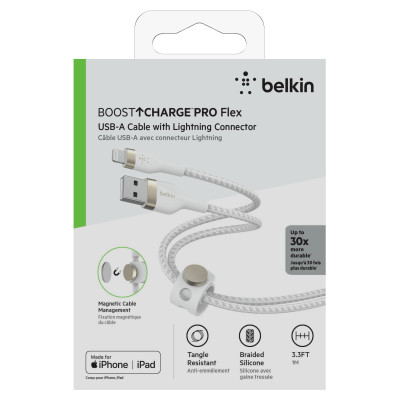 Belkin Кабель USB-A - Lightning плетений, силіконовий, з ремінцем на магніті, 1м, білий Belkin Кабель USB-A - Lightning плетений, силіконовий, з ремінцем на магніті, 1м, білий