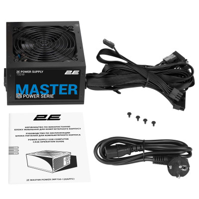 Блок питания 2E Master Power (750W), >80%, 80+ White, 120мм, 1xMB 24pin(20+4), 1xCPU 8pin(4+4), 3xMolex, 5xSATA, 4xPCIe 8pin(6+2)