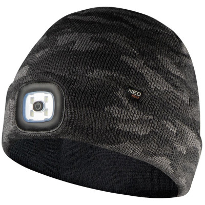 Шапка з ліхтариком Neo Tools 100% акрил, CAMO, 3.7В, 180Лм, 6500K, 3 режими, USB