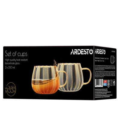 ARDESTO Набір чашок з ручками Golden Moon 350мл, 2шт, боросилікатне скло, прозорий ARDESTO Набір чашок з ручками Golden Moon 350мл, 2шт, боросилікатне скло, прозорий