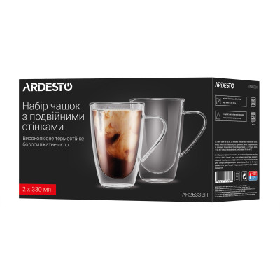 Набір чашок з ручками і подвійними стінками Ardesto, 330мл, 2шт, боросилікатне скло, прозорий (AR2633BH) Набір чашок з ручками і подвійними стінками Ardesto, 330мл, 2шт, боросилікатне скло, прозорий (AR2633BH)