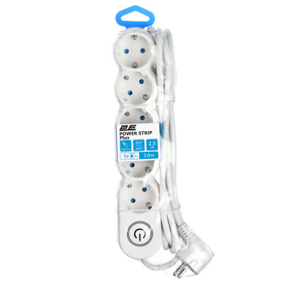 Удлинитель сетевой 2E Plus 5хТип F, 3х1мм кв, 10A, 3м, бело-серый 2E-U05VESM3W