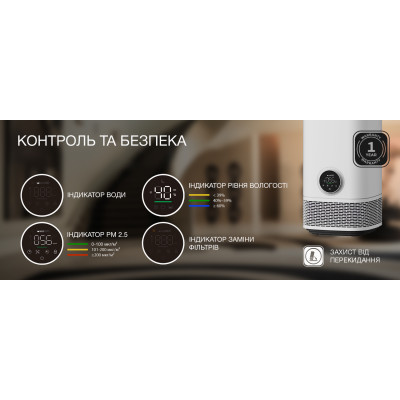 Очищувач-зволожувач повітря HYUNDAI HAJIN300KR 40м2, 239м3/год, дисплей, UV-C стерилізація, Wi-Fi, білий