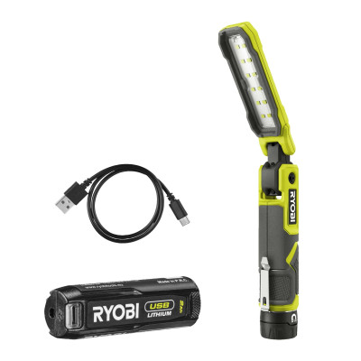 Ryobi Ліхтар інспекційний акумуляторний USB Lithium RLI4-120G, 4В, 2А·год, 650лм, 3 режими, магніт, затискач 0.17кг