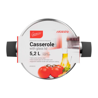 Каструля зі скляною кришкою Ardesto Gemini Trento, 5.2л, нержавіюча сталь, бакеліт  AR3652G