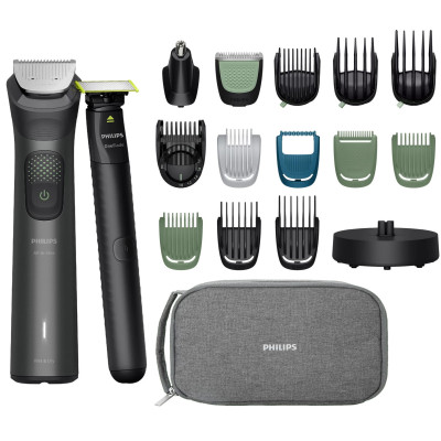 Тример Philips Series 9000, для обличчя, голови, тіла, акум., насадок-19, OneBlade в компл., сталь, сірий Тример Philips Series 9000, для обличчя, голови, тіла, акум., насадок-19, OneBlade в компл., сталь, сірий