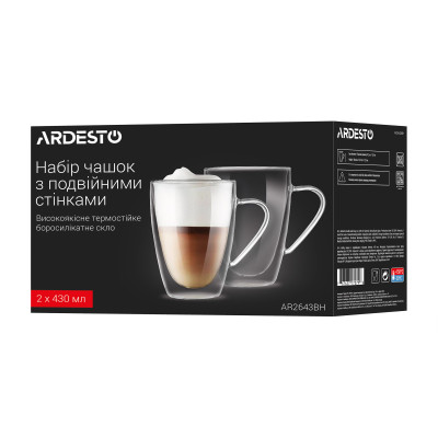 ARDESTO Набір чашок з ручками і подвійними стінками, 430мл, 2шт, боросилікатне скло, прозорий ARDESTO Набір чашок з ручками і подвійними стінками, 430мл, 2шт, боросилікатне скло, прозорий