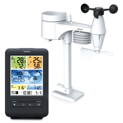 Метеостанція Sencor, внутр/зовн вимірювання, від мережі/CR2032x1+AAx3, темп-ра, вологість, час, прогноз погоди, атмосферний тиск, шв. вітру, чорний Метеостанція Sencor, внутр/зовн вимірювання, від мережі/CR2032x1+AAx3, темп-ра, вологість, час, прогноз погоди, атмосферний тиск, шв. вітру, чорний