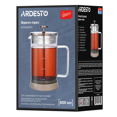 Френч-прес ARDESTO Gemini, 800мл, боросилікатне скло, нержавіюча сталь, прозорий, мідний Френч-прес ARDESTO Gemini, 800мл, боросилікатне скло, нержавіюча сталь, прозорий, мідний