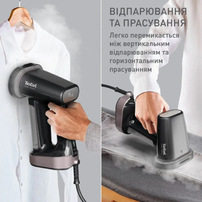 Tefal Відпарювач компактний Pure Force 3в1, 1800Вт, 180мл, постійна пара - 35гр, керам. підошва, чорно-рожевий Tefal Відпарювач компактний Pure Force 3в1, 1800Вт, 180мл, постійна пара - 35гр, керам. підошва, чорно-рожевий