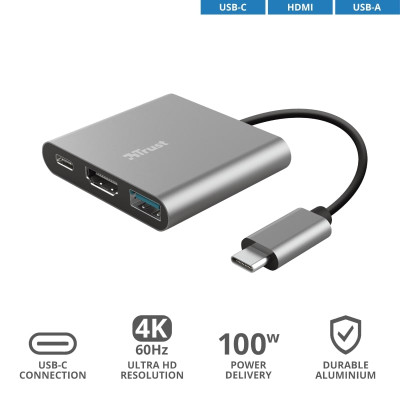 Хаб Trust Dalyx 3-in-1 USB-С > USB-А 3.2/USB-С/HDMI, Алюміній, 0.1м, чорний